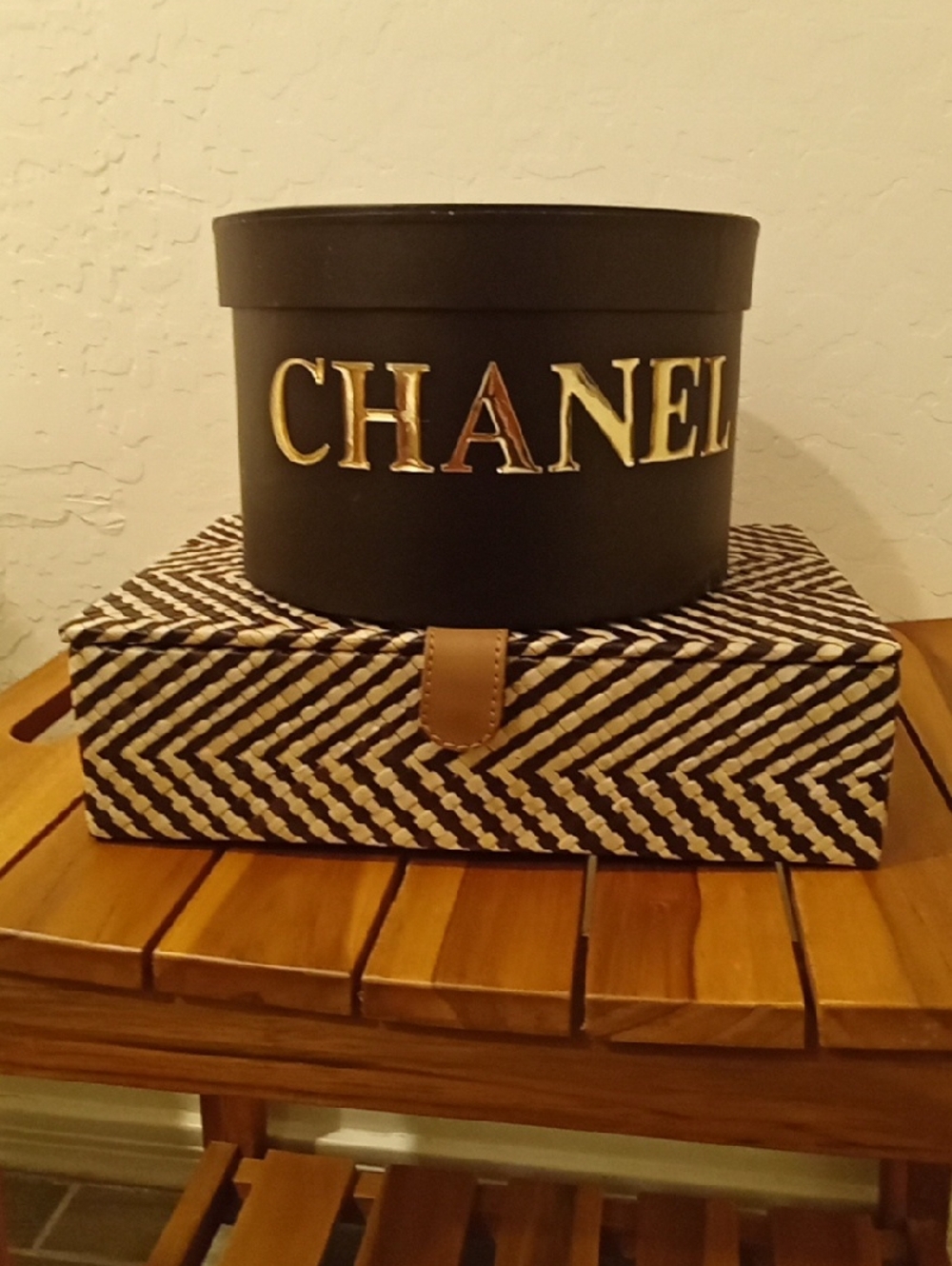 Black Round Hat Box with Gold Chanel Logo & Woven Gift Box